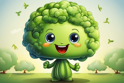 Cartoon broccoli with happy faces on a white background. Generative AI