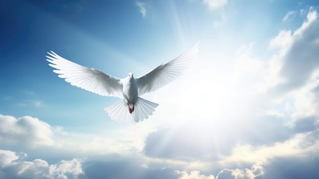 White dove with wings wide open in the blue sky air with clouds and sunbeams. Generative AI
