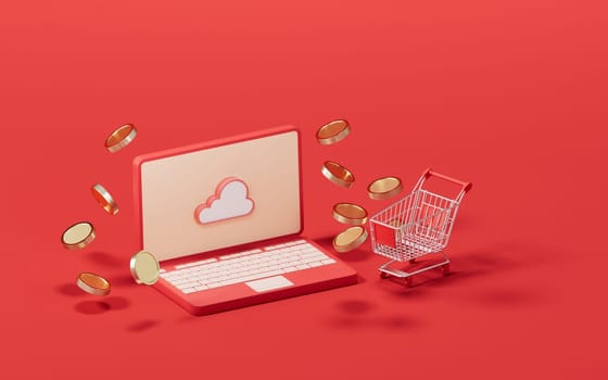 Shopping cart with 3d cartoon style, 3d rendering.