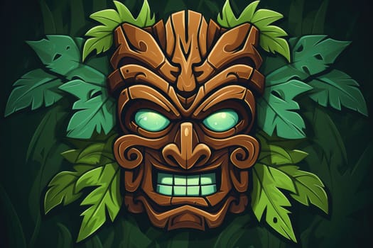 Illustration of a tropical Tiki mask. Symbol of a wild tribe in the jungle. Generative AI