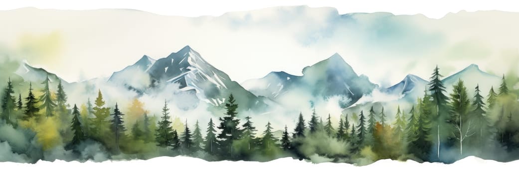 Watercolor painting of beautiful mountains, mountain peak landscape with forest. Panorama banner. Generative AI