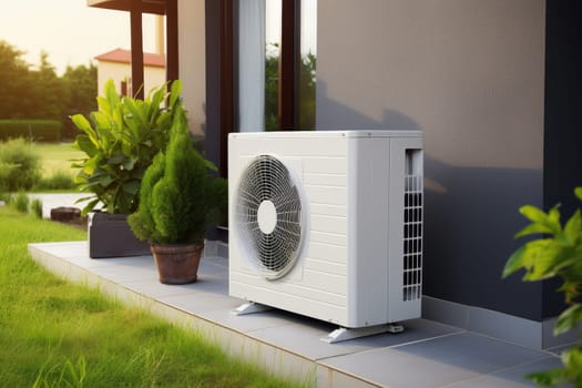Air source heat pump installed in residential building. Generative AI
