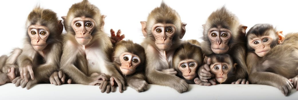 Collection of group of monkey family with baby portrait on white background. Monkeys animals banner panorama long. Generative AI