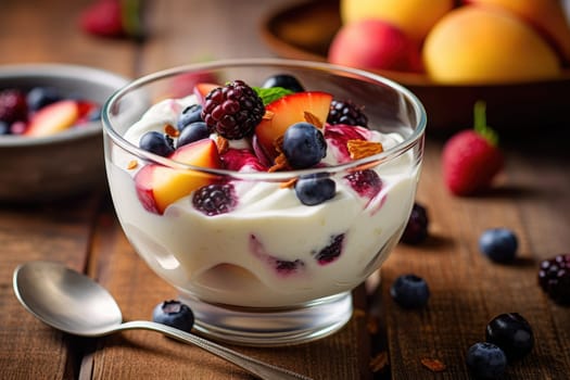 Fruit salad with yogurt on table. Generative AI