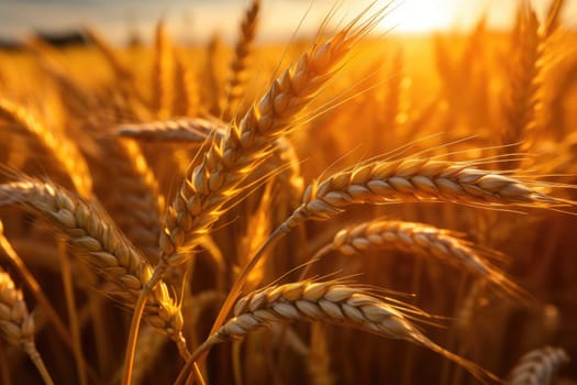 Wheat field. Ears of golden wheat closeup. Harvest concept. Generative AI