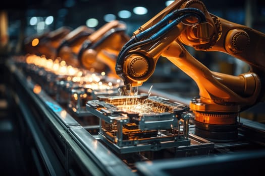 Robotic arm for electronic assembly line. Smart modern factory automation using advanced machines. Generative AI