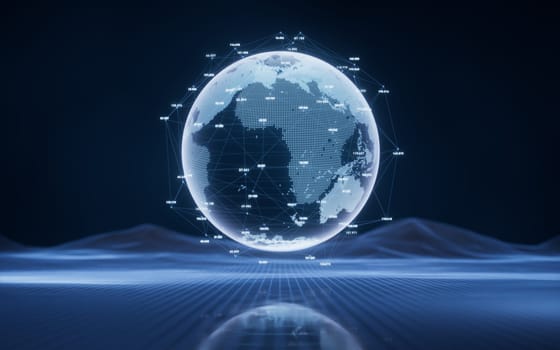 Digital earth sphere with blue technology structure, 3d rendering. Digital drawing.