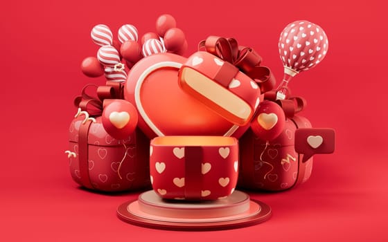 Gift box and love heart, festival celebration, 3d rendering. Digital drawing.