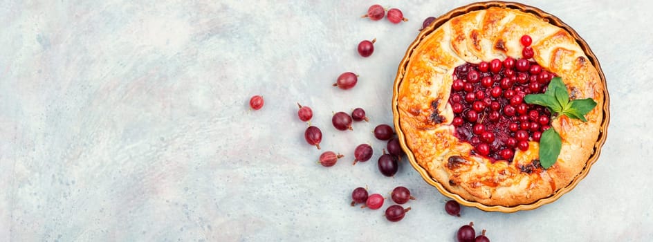 Summer pie with red currants and gooseberries. Close-up.