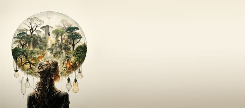 Woman with nature and light bulb mind, explosion of ideas, brainstorming for solutions, smart brain, environment issue, generative AI