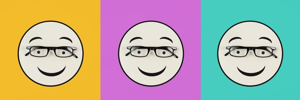 Head with a smiling face and eyeglasses, mental health concept, positive mindset, support and evaluation symbol