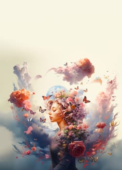 Woman covered with flowers and clouds, positive thinking, creative mind, self care and mental health concept, dreamlike and pure, generative AI