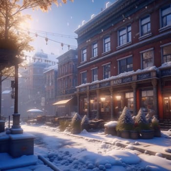Snow-covered city. Image created by AI