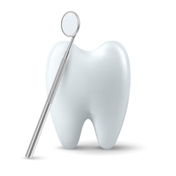 Vector 3d Realistic Dental Inspection Mirror for Teeth with Tooth Icon Closeup Isolated on White Background. Medical Dentist Tool. Design Template, Clipart. Dental Health Concept.