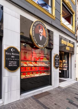 Istanbul, Turkey - May 13, 2023: Hafiz Moustafa, an old traditional Turkish Delight shop, in Istiklal Street, near Taksim Square