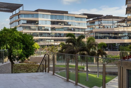 Contemporary urban city district with well run glass building and verdant lawn and trees before sunset