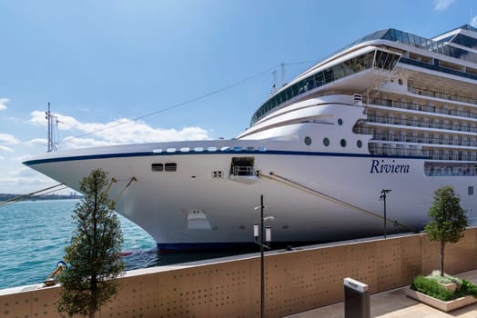 Riviera, Large cruise ship docked at terminal of Galataport, a mixed use development located along shore of Bosphorus strait, in Karakoy neighbourhood, Istanbul, Turkey