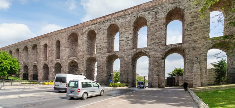 Istanbul, Turkey - May 16, 2023: Valens Aqueduct a Roman aqueduct which was the major water providing system of the Eastern Roman capital of Constantinople, Currently Istanbul