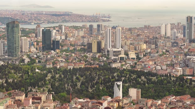 City aerial city view from Istanbul Sapphire skyscraper overlooking the Bosphorus before sunset, Istanbul, Turkey