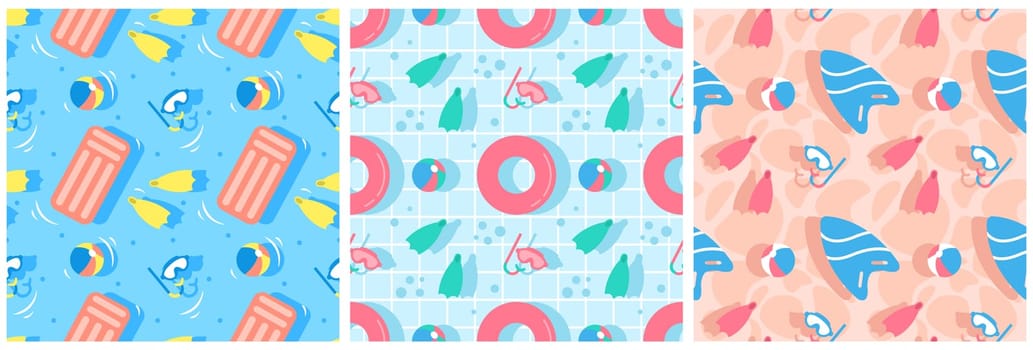 Set of Swimming Pool Seamless Pattern Vector Illustration with Summer Vacation Element in Flat Cartoon Template Hand Drawn