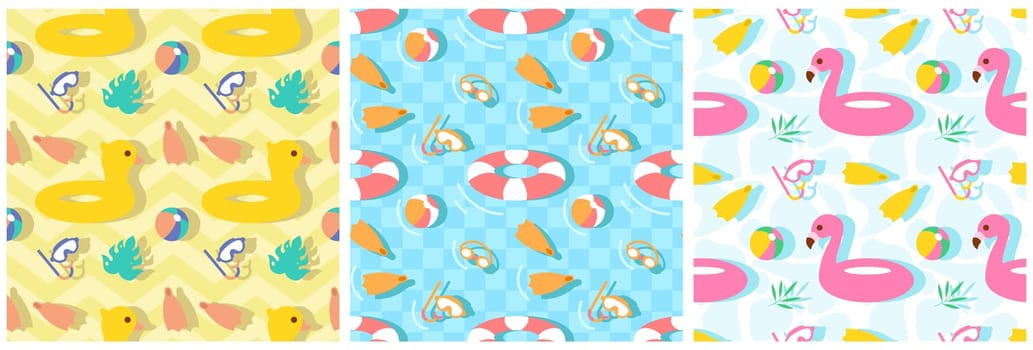 Set of Swimming Pool Seamless Pattern Vector Illustration with Summer Vacation Element in Flat Cartoon Template Hand Drawn
