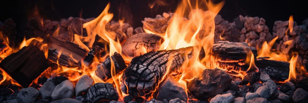 Background of charcoal for barbecue with flames. Generative AI
