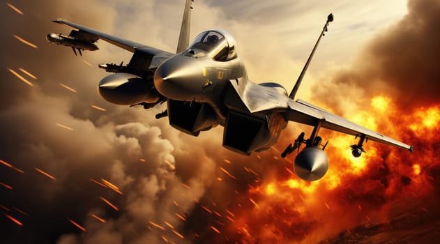 Flying military fighter jet in combat. Generative AI