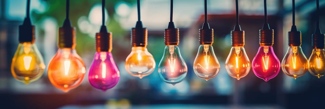 Decorative antique light bulbs in a row with bokeh and colorful style. Generative AI