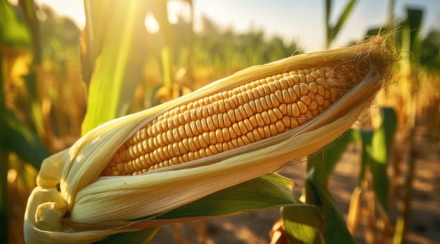 Corn cobs in agriculture field. Generative AI