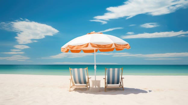 Beach chairs and umbrella on a white sandy beach. Generative AI
