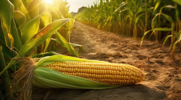 Corn cobs in agriculture field. Generative AI