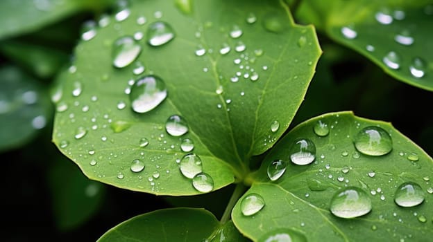 Leaves with waterdrops. Drops of transparent rain water on leaves macro. Generative AI