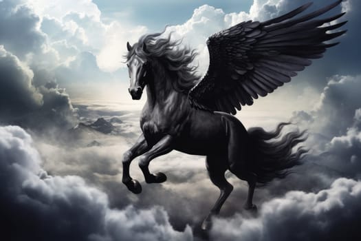 Majestic black Pegasus horse flying high above the clouds. Generative AI