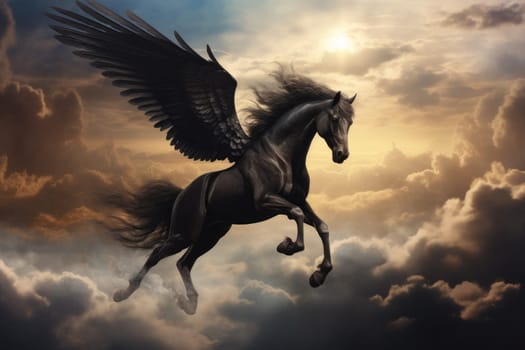 Majestic Black Pegasus horse flying high above the clouds. Generative AI