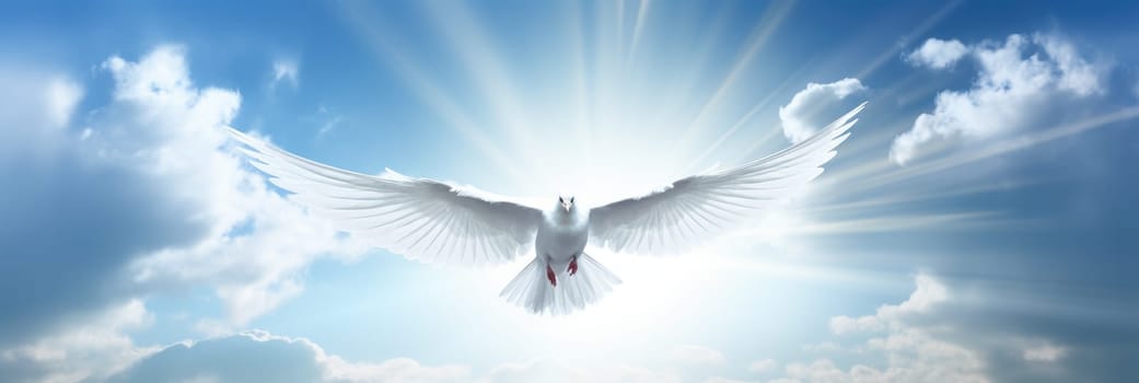 White dove with wings wide open in the blue sky air with clouds and sunbeams. Generative AI