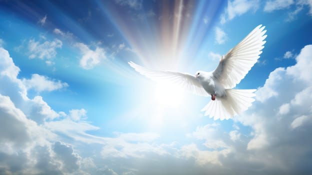 White dove with wings wide open in the blue sky air with clouds and sunbeams. Generative AI