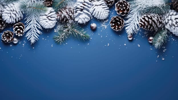 Christmas decoration with pine cones. Christmas background with space for text. Generative AI