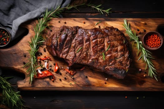 Grilled meat barbecue steak on wooden cutting board with rosemary and copy space. Generative AI