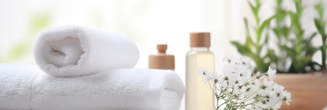 Toiletries, soap, towel on blurred white bathroom spa background.