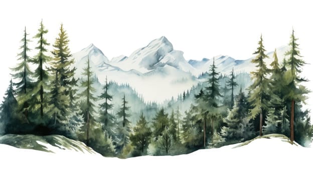 Watercolor painting of beautiful mountains, mountain peak landscape with forest. Panorama banner. Generative AI
