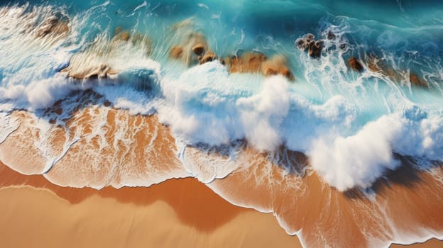 Top view of ocean waves on sandy beach landscape. Beautiful seascape background. Generative AI