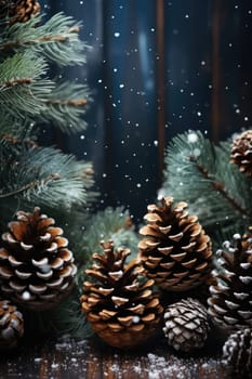 Christmas decoration with pine cones. Christmas background with space for text. Generative AI