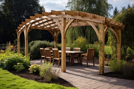 Wooden pergola for garden seating. Generative AI