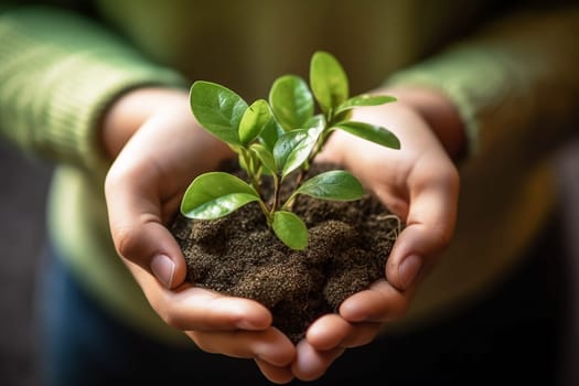 A green plant with earth held in the hands of a young person, generative ai