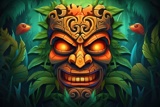 Illustration of a tropical Tiki mask. Symbol of a wild tribe in the jungle. Generative AI