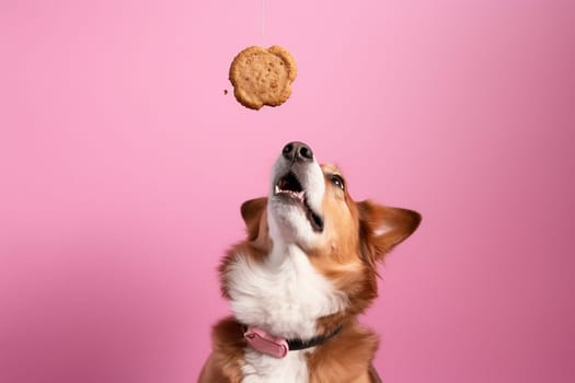 A sitting dog and a cookie on a string above its muzzle in the air on a pink background, front view