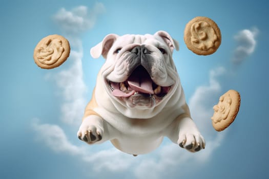White bulldog dog and cookies flying in the air on a blue background, front view