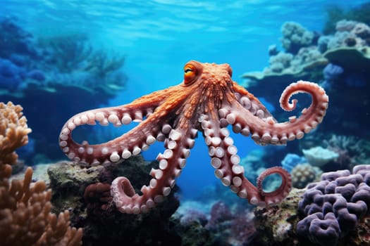 Octopus and coral reef in the sea. Generative AI