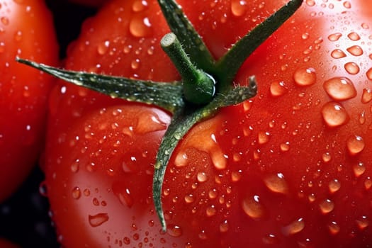 One red big tomato with water drops close-up, generative ai