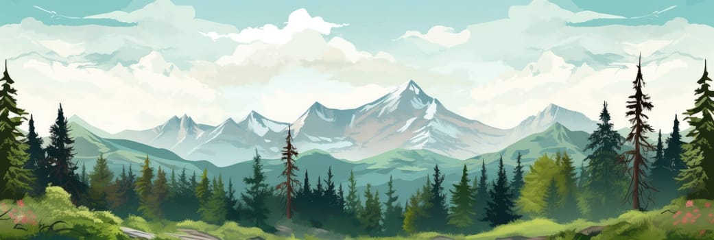 Watercolor painting of beautiful mountains, mountain peak landscape with forest. Panorama banner. Generative AI